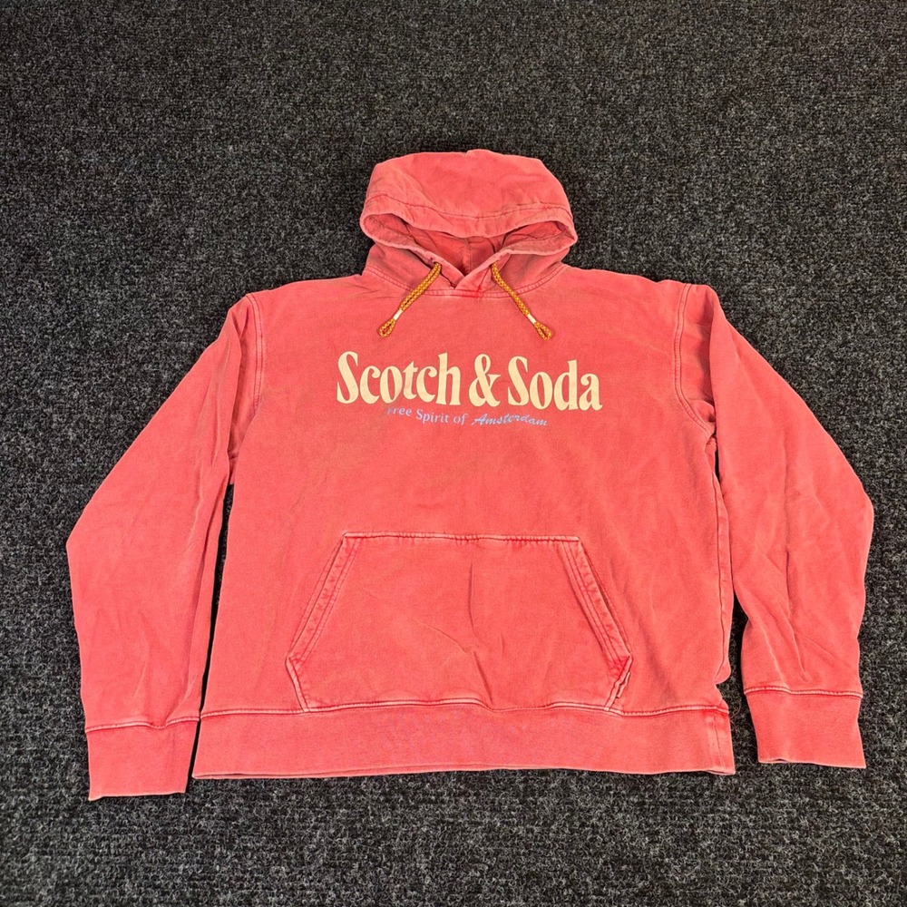 Scotch & Soda Amsterdam Hoodie Mens Medium Coral Red Graphic Pullover Sweatshirt